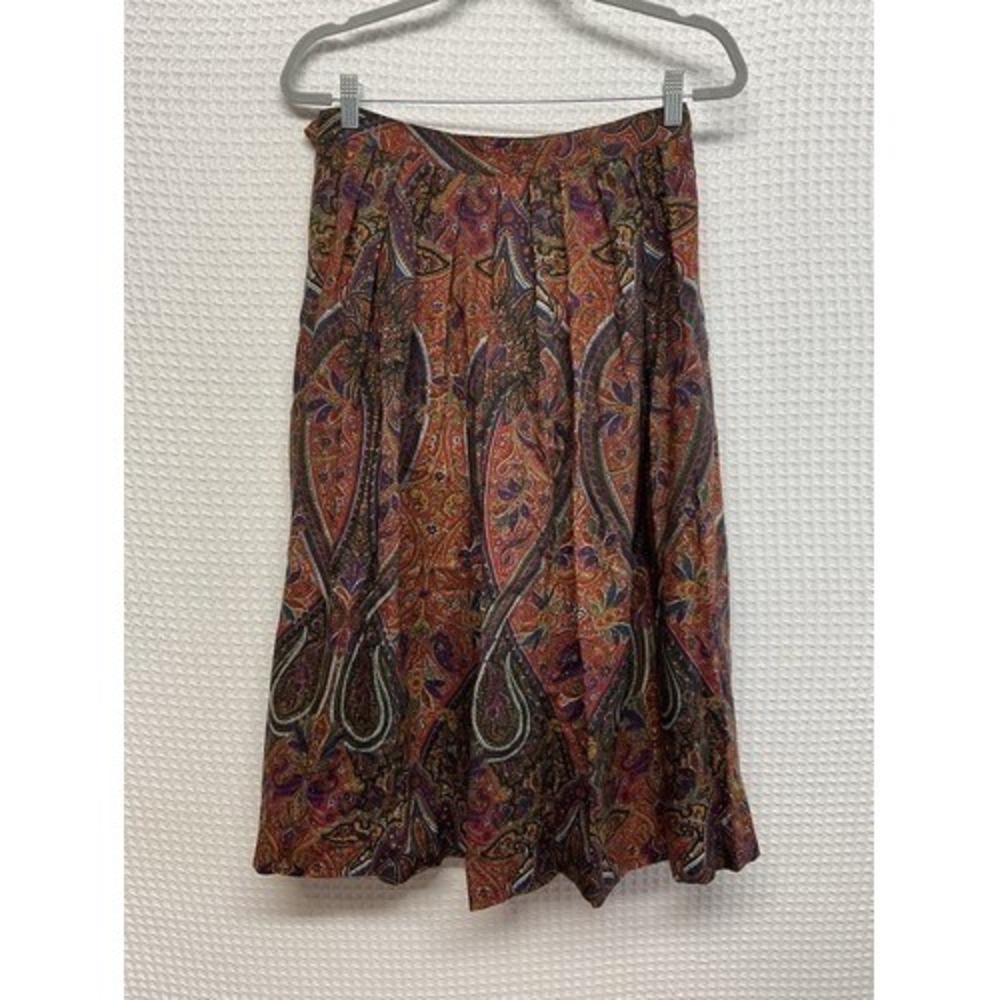 VTG Lands' End Paisley Pleated Midi Skirt Women 16 (Fits Small 28" Waist) USA